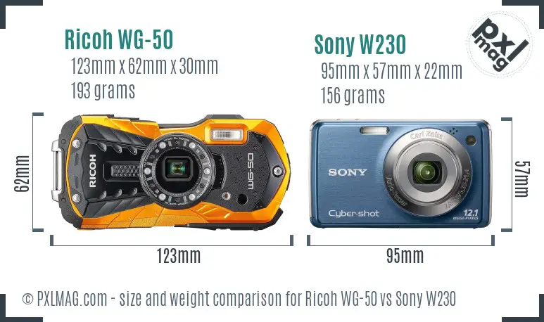 Ricoh WG-50 vs Sony W230 size comparison