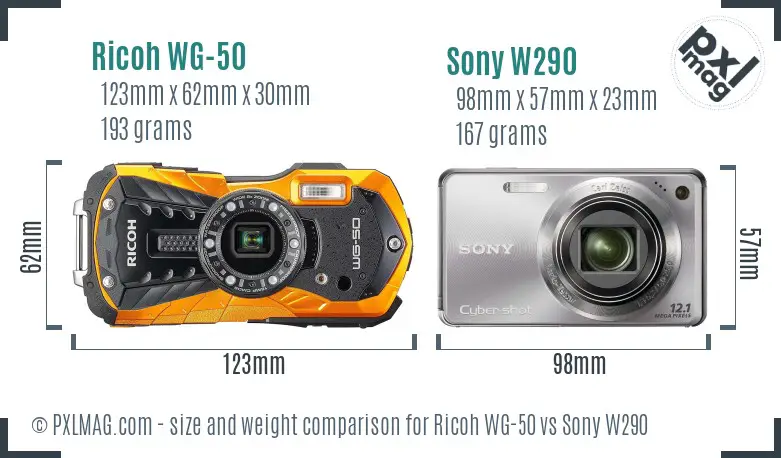 Ricoh WG-50 vs Sony W290 size comparison