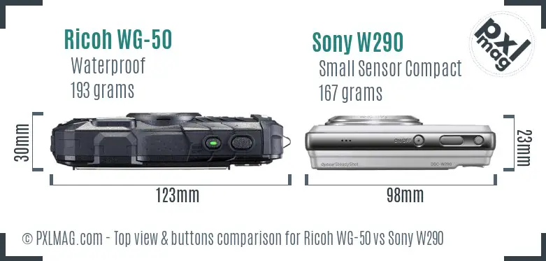 Ricoh WG-50 vs Sony W290 top view buttons comparison