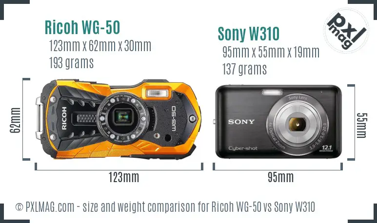Ricoh WG-50 vs Sony W310 size comparison