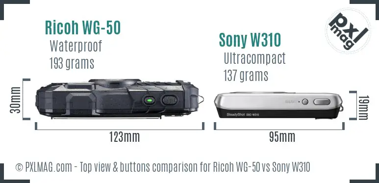 Ricoh WG-50 vs Sony W310 top view buttons comparison