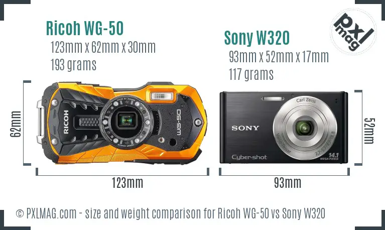 Ricoh WG-50 vs Sony W320 size comparison