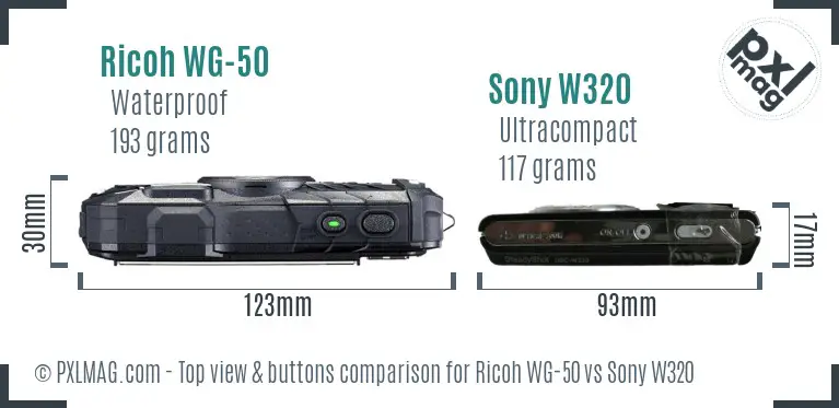 Ricoh WG-50 vs Sony W320 top view buttons comparison