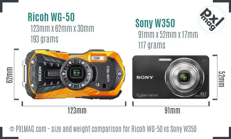 Ricoh WG-50 vs Sony W350 size comparison