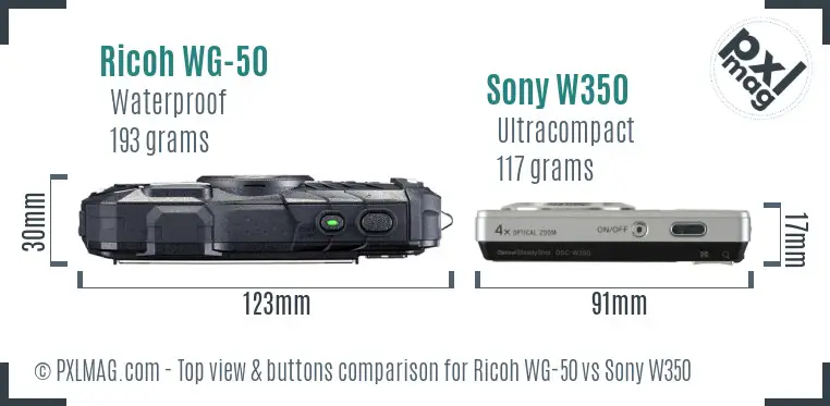 Ricoh WG-50 vs Sony W350 top view buttons comparison