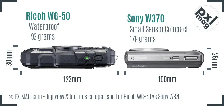 Ricoh WG-50 vs Sony W370 top view buttons comparison