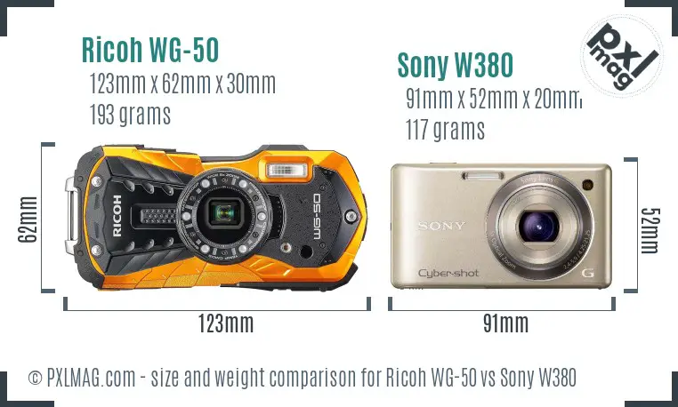 Ricoh WG-50 vs Sony W380 size comparison
