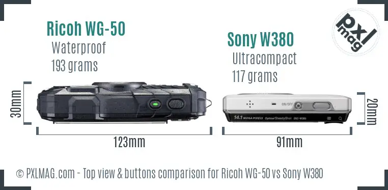 Ricoh WG-50 vs Sony W380 top view buttons comparison