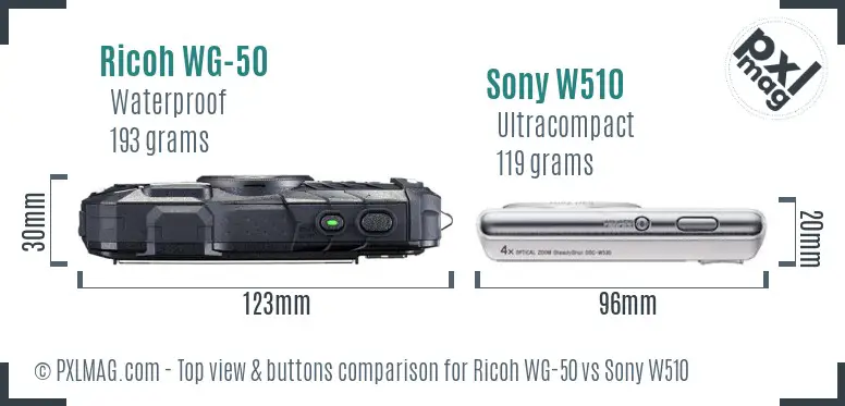 Ricoh WG-50 vs Sony W510 top view buttons comparison