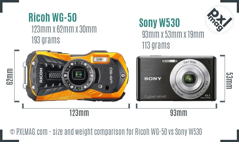 Ricoh WG-50 vs Sony W530 size comparison