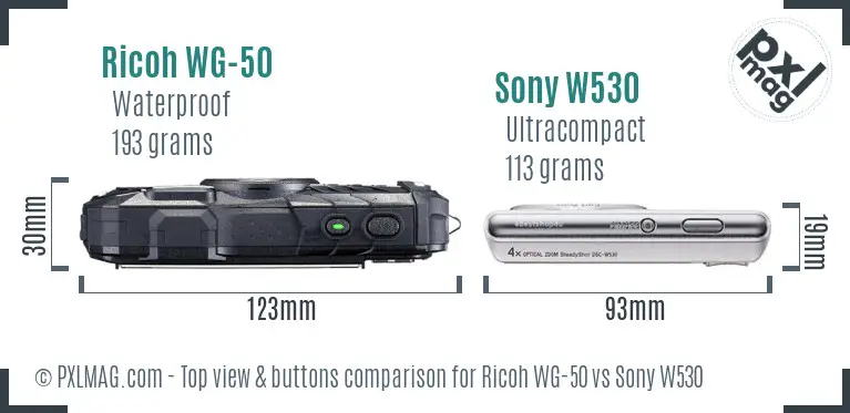 Ricoh WG-50 vs Sony W530 top view buttons comparison