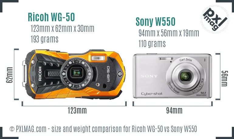 Ricoh WG-50 vs Sony W550 size comparison