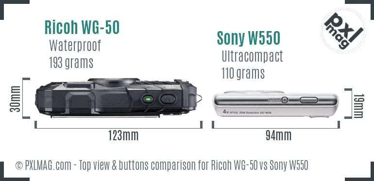 Ricoh WG-50 vs Sony W550 top view buttons comparison