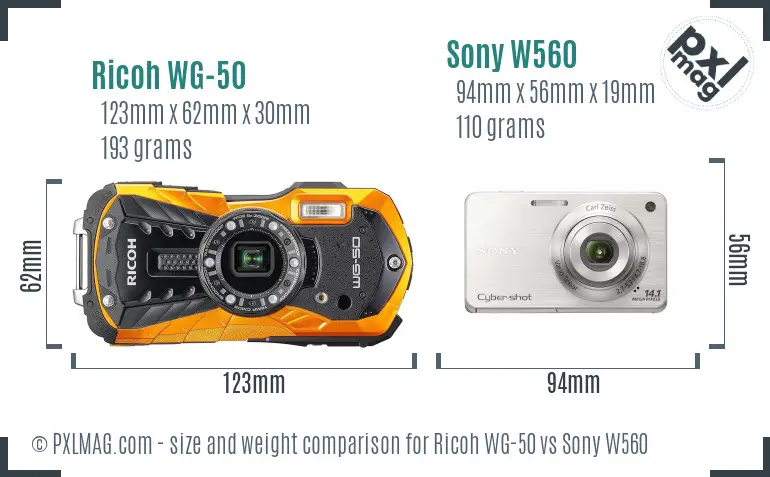 Ricoh WG-50 vs Sony W560 size comparison