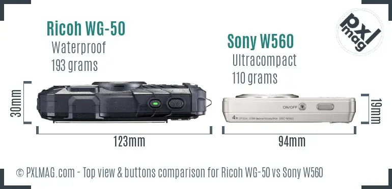 Ricoh WG-50 vs Sony W560 top view buttons comparison