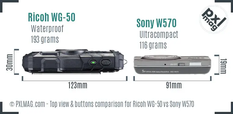 Ricoh WG-50 vs Sony W570 top view buttons comparison
