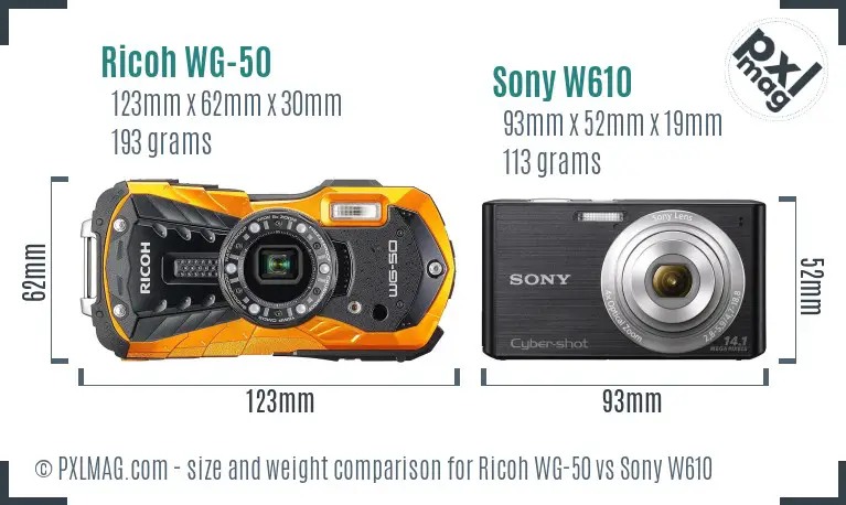Ricoh WG-50 vs Sony W610 size comparison