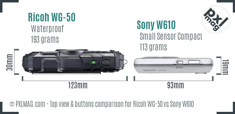 Ricoh WG-50 vs Sony W610 top view buttons comparison