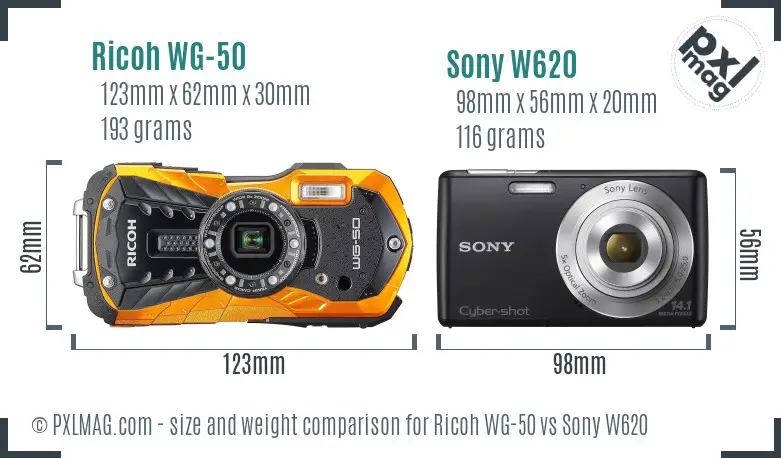 Ricoh WG-50 vs Sony W620 size comparison