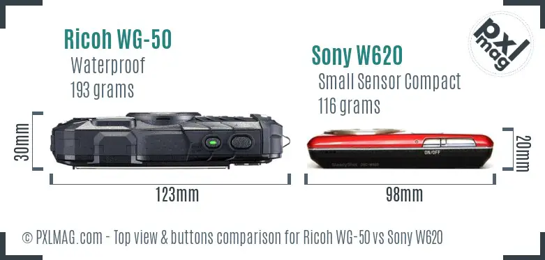 Ricoh WG-50 vs Sony W620 top view buttons comparison