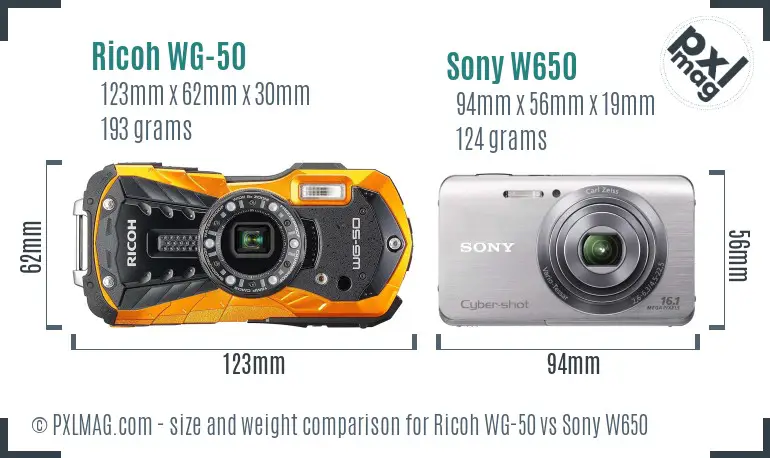 Ricoh WG-50 vs Sony W650 size comparison