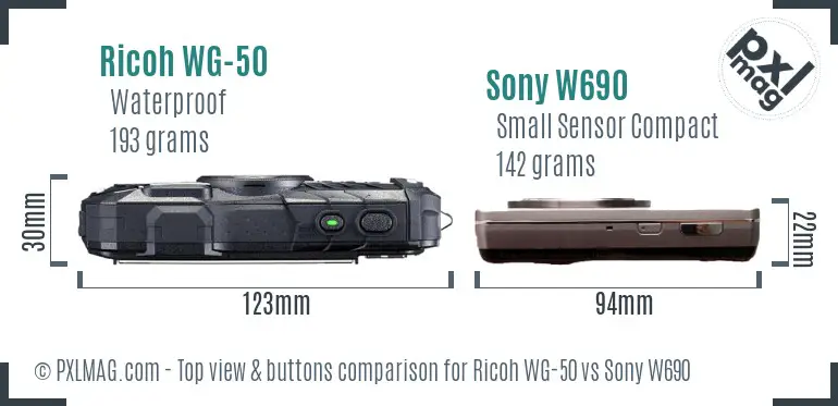 Ricoh WG-50 vs Sony W690 top view buttons comparison