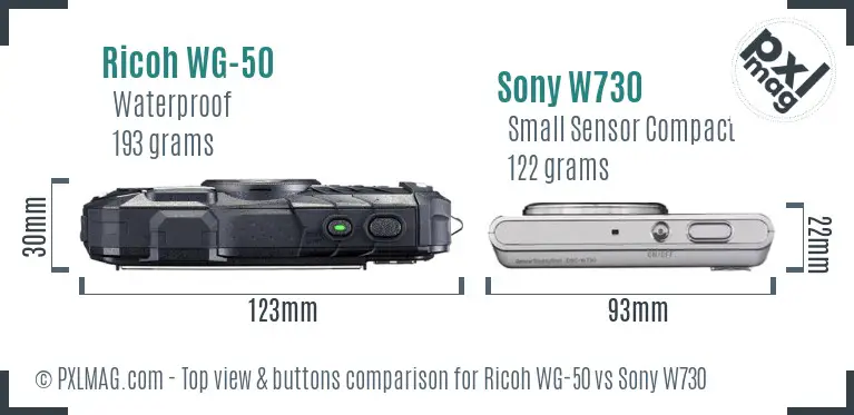 Ricoh WG-50 vs Sony W730 top view buttons comparison