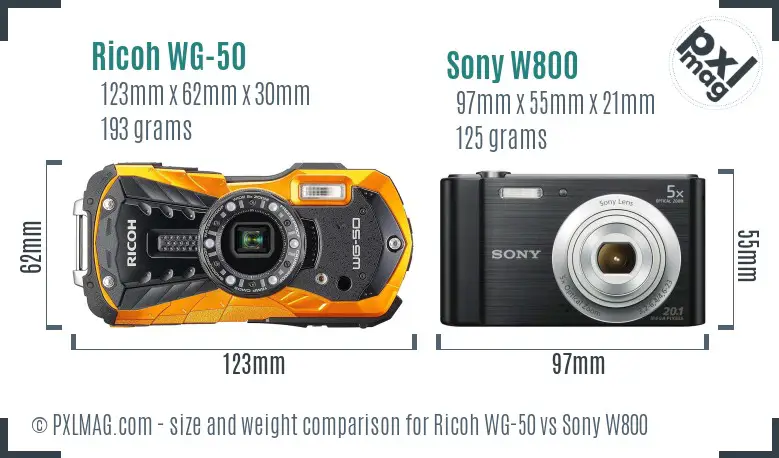 Ricoh WG-50 vs Sony W800 size comparison