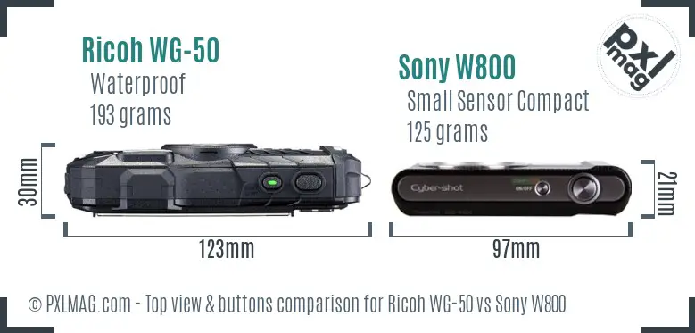 Ricoh WG-50 vs Sony W800 top view buttons comparison