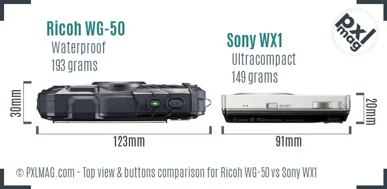Ricoh WG-50 vs Sony WX1 top view buttons comparison