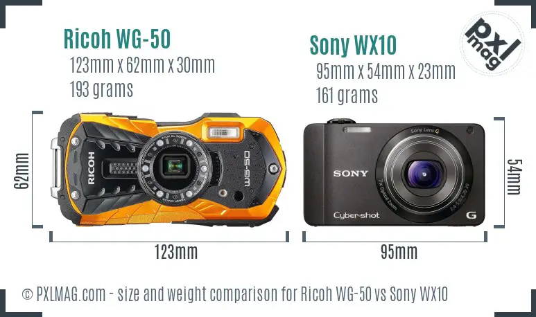 Ricoh WG-50 vs Sony WX10 size comparison