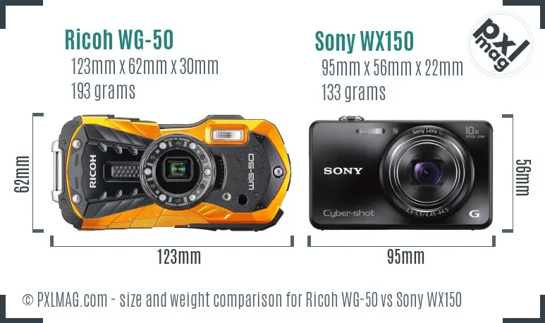 Ricoh WG-50 vs Sony WX150 size comparison