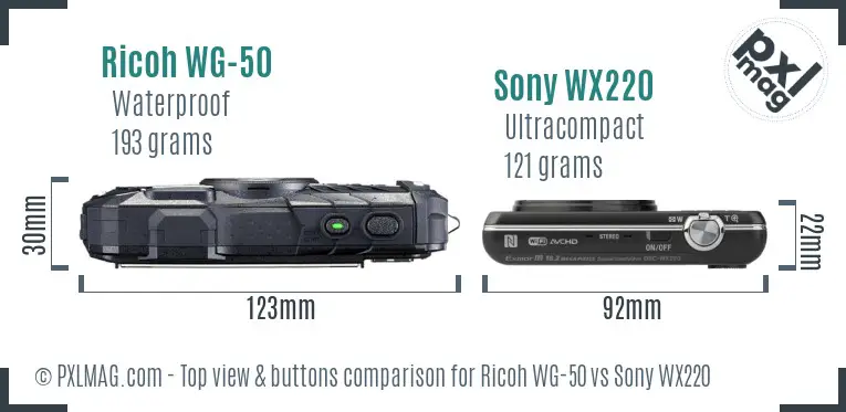 Ricoh WG-50 vs Sony WX220 top view buttons comparison