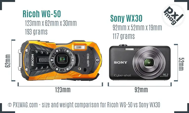 Ricoh WG-50 vs Sony WX30 size comparison