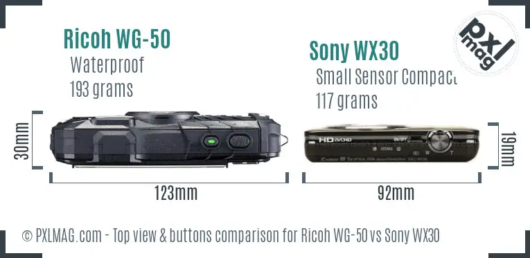 Ricoh WG-50 vs Sony WX30 top view buttons comparison