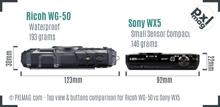 Ricoh WG-50 vs Sony WX5 top view buttons comparison