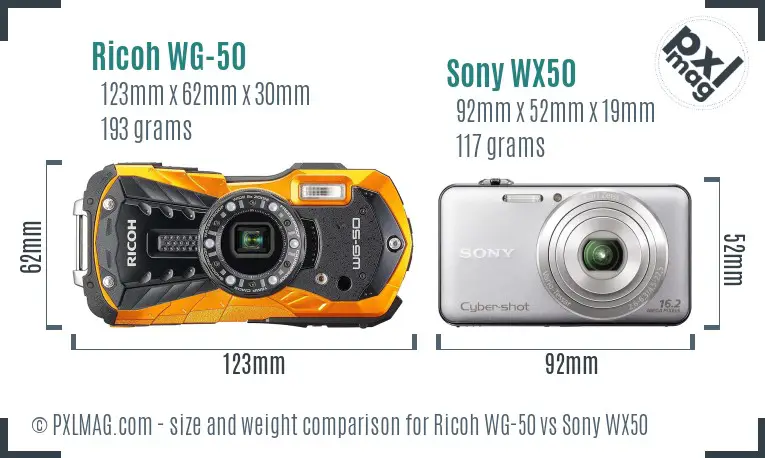Ricoh WG-50 vs Sony WX50 size comparison