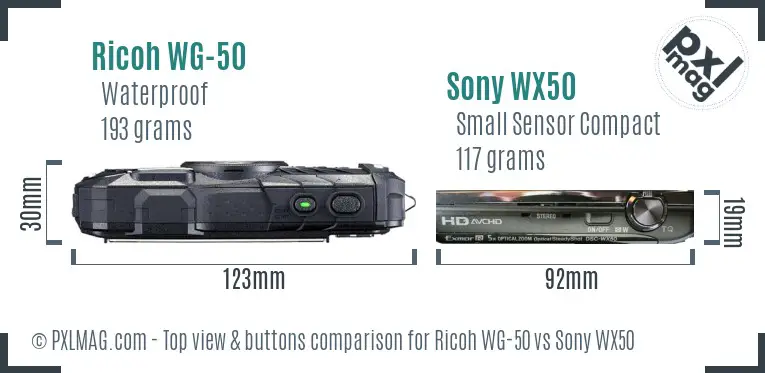 Ricoh WG-50 vs Sony WX50 top view buttons comparison