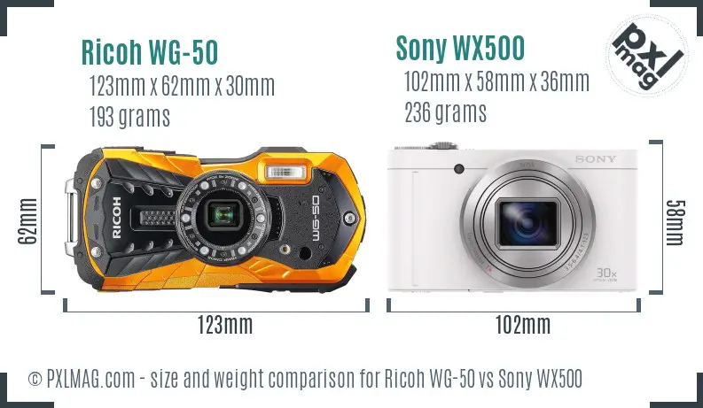 Ricoh WG-50 vs Sony WX500 size comparison