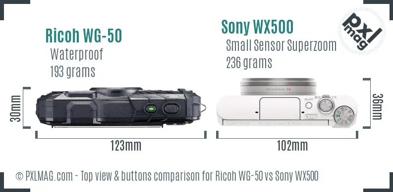 Ricoh WG-50 vs Sony WX500 top view buttons comparison