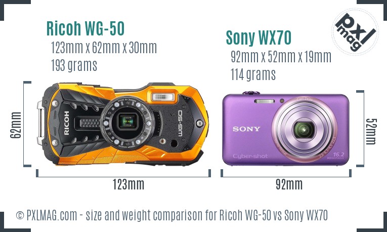 Ricoh WG-50 vs Sony WX70 size comparison