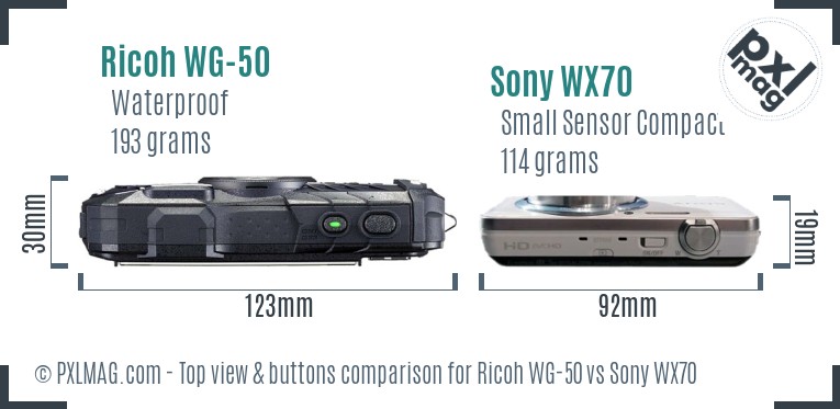 Ricoh WG-50 vs Sony WX70 top view buttons comparison