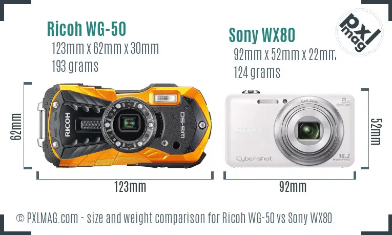 Ricoh WG-50 vs Sony WX80 size comparison