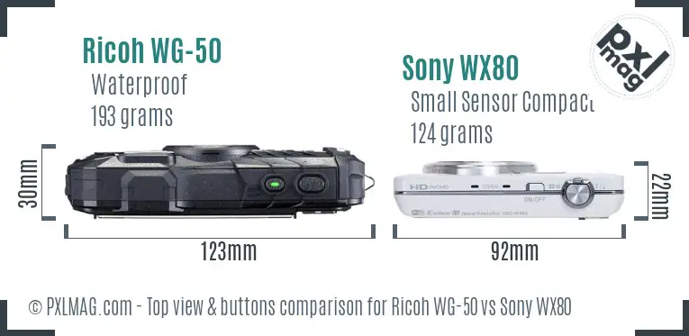 Ricoh WG-50 vs Sony WX80 top view buttons comparison