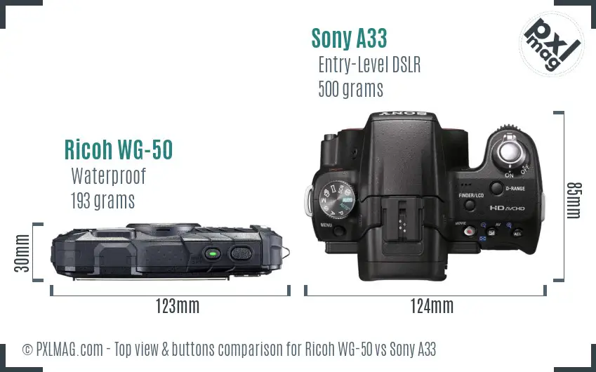 Ricoh WG-50 vs Sony A33 top view buttons comparison