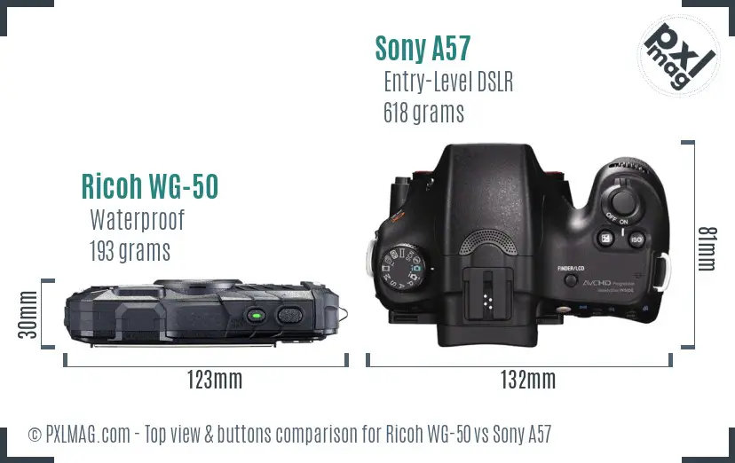 Ricoh WG-50 vs Sony A57 top view buttons comparison