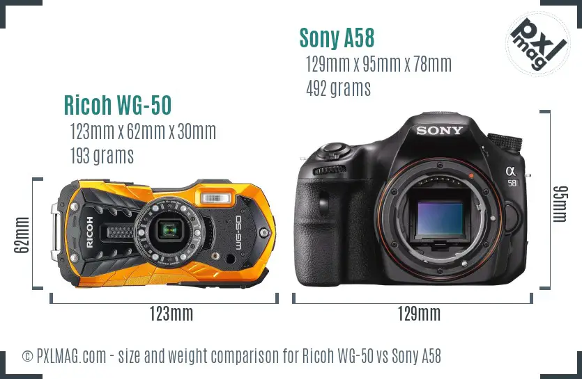 Ricoh WG-50 vs Sony A58 size comparison