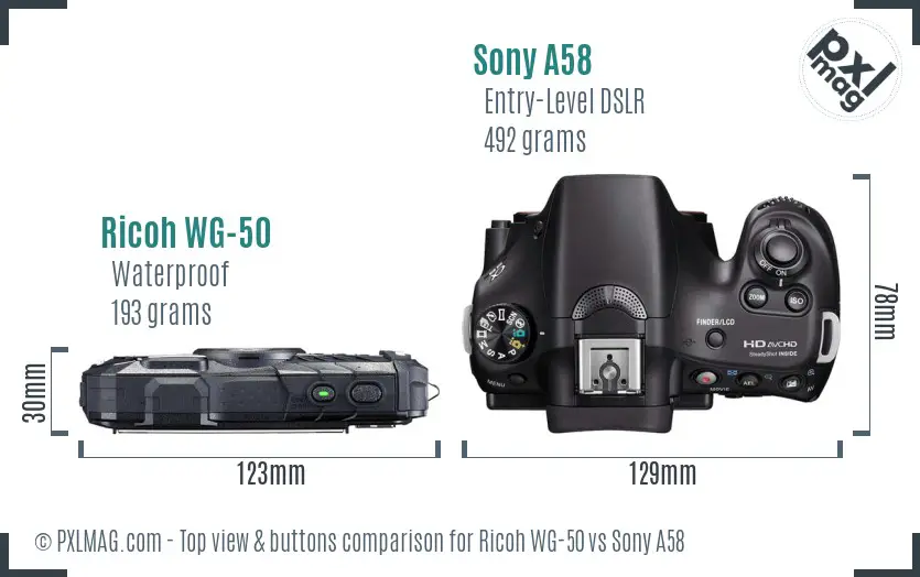 Ricoh WG-50 vs Sony A58 top view buttons comparison