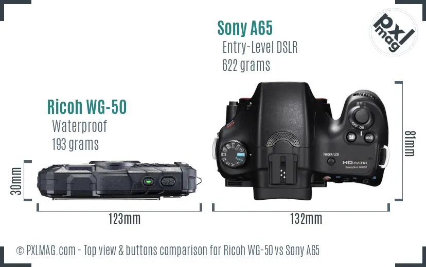 Ricoh WG-50 vs Sony A65 top view buttons comparison