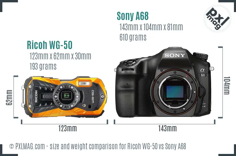 Ricoh WG-50 vs Sony A68 size comparison